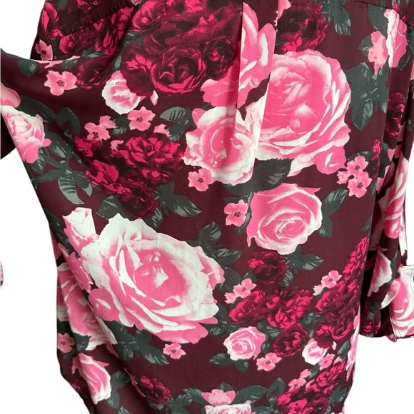 New York & Company Floral Pink Burgundy Roll Tab Sleeve Floral Button Down XL - Picture 5 of 17